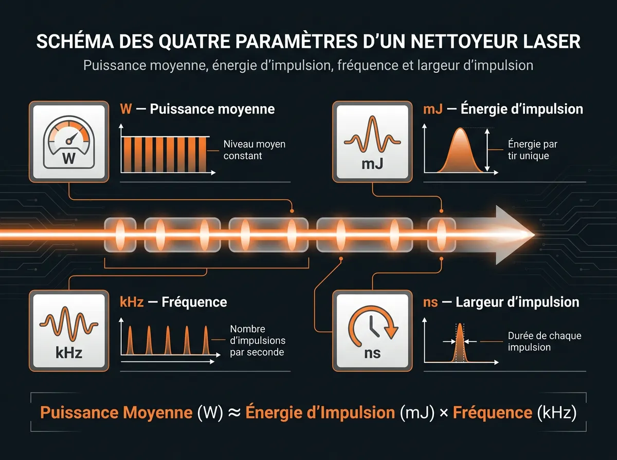Schéma des quatre paramètres d'un nettoyeur laser : puissance moyenne, énergie d'impulsion, fréquence et largeur d'impulsion