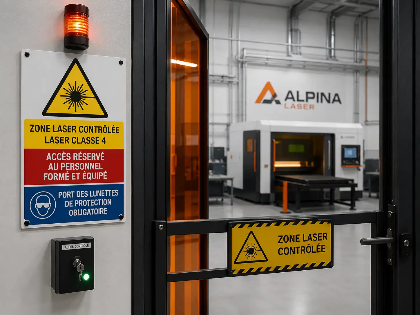 Signalisation d'une zone contrôlée laser classe 4 avec pictogramme de danger ISO 7010-W004