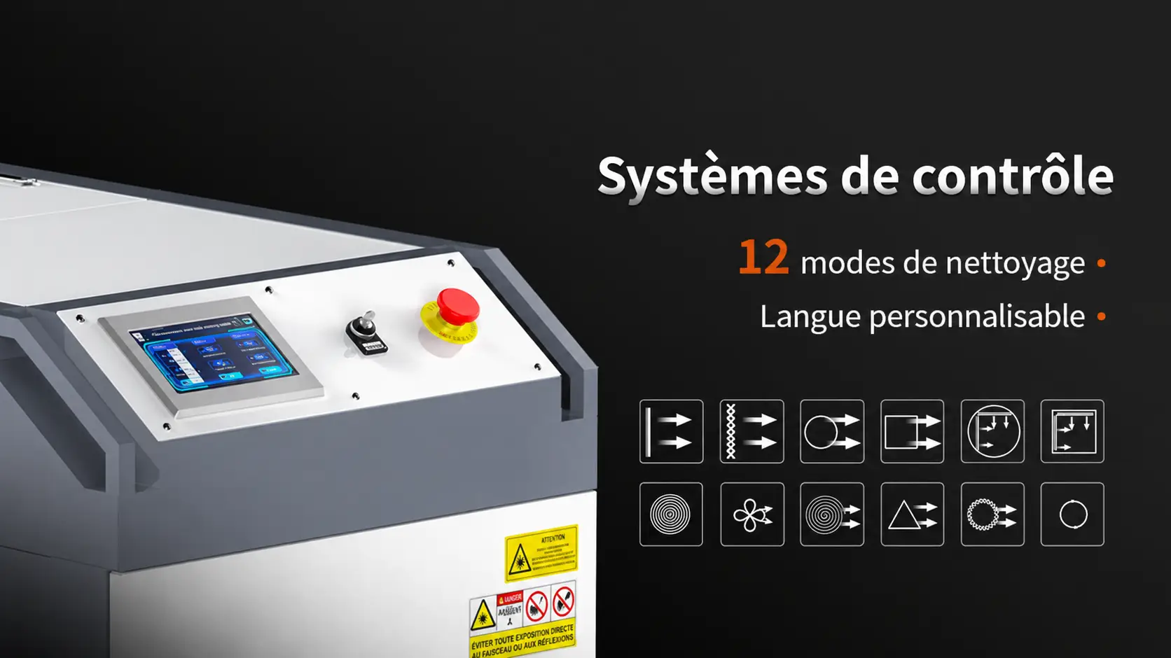 Système de contrôle du décapeur laser 500W — écran tactile, 12 modes de nettoyage et langue personnalisable