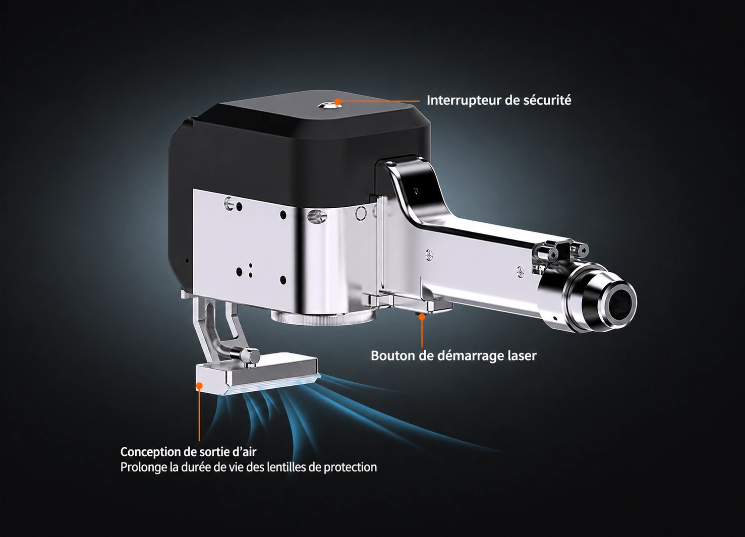 Tête de nettoyage du décapeur laser continu 6 000 W Industrie : interrupteur de sécurité, bouton de déclenchement laser et sortie d'air (vue annotée)