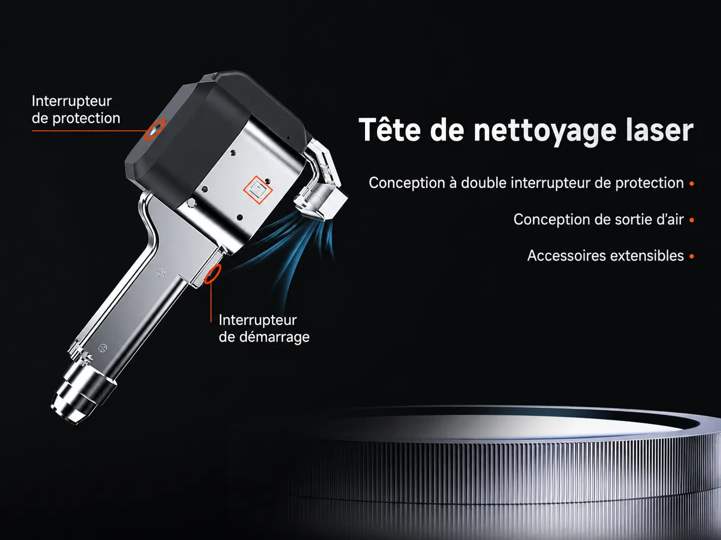 Tête de nettoyage laser 500W refroidie par eau — double interrupteur de protection, sortie d'air et accessoires extensibles