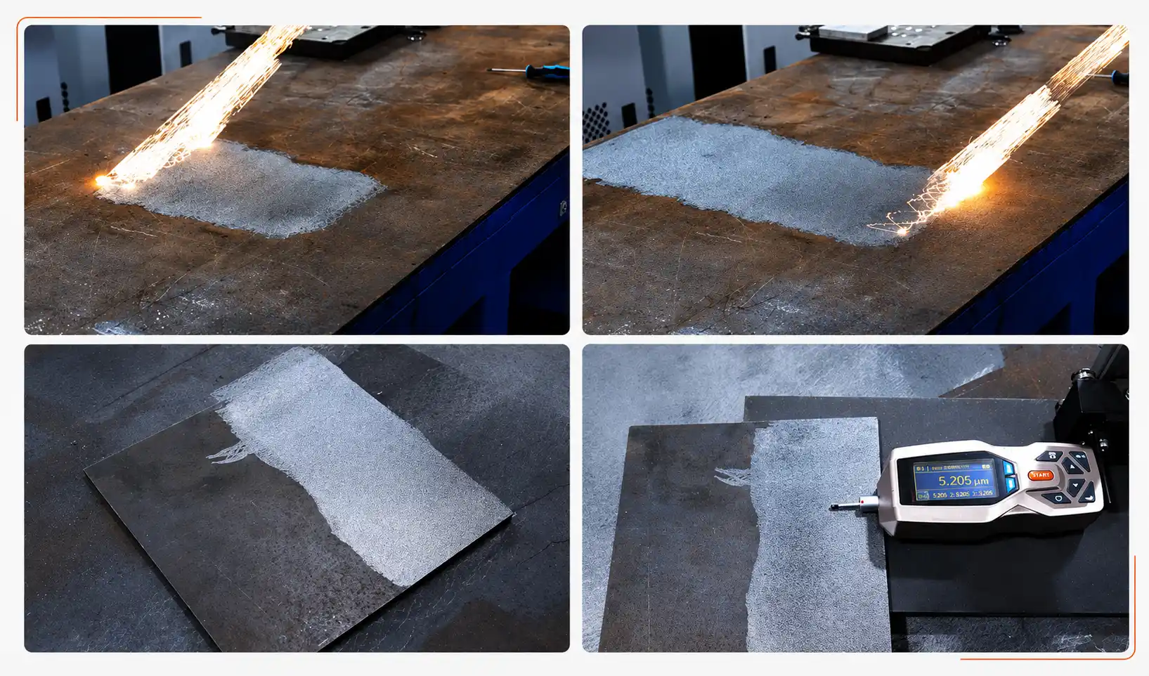 Démonstration de traitement de surface métallique au décapeur laser continu 6 000 W Industrie : exemples de résultats avant / après sur métal