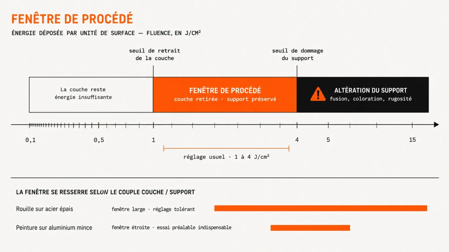 Diagramme de la fenêtre de procédé en nettoyage laser&nbsp;: axe de fluence divisé en trois zones, la couche reste sous le seuil de retrait, fenêtre de travail entre les deux seuils, risque d'altération du support au-delà du seuil de dommage.