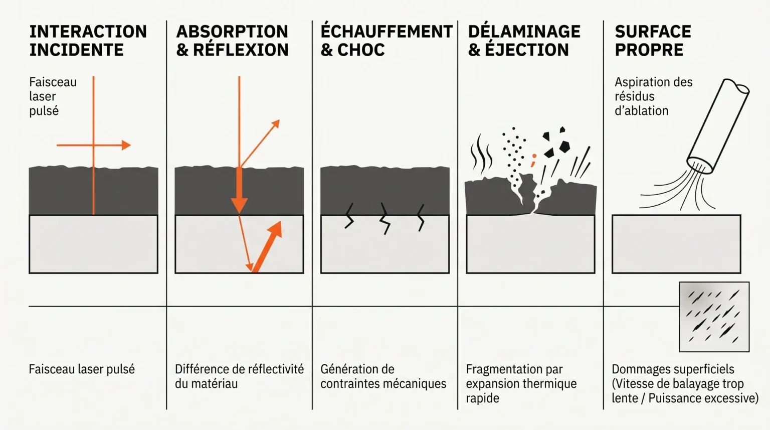 Schéma en coupe du nettoyage laser en cinq états&nbsp;: faisceau balayé, absorption par la couche, franchissement du seuil de retrait, départ de la matière en vapeur et particules, surface nettoyée avec captage et encart d'alerte au-dessus du seuil de dommage.
