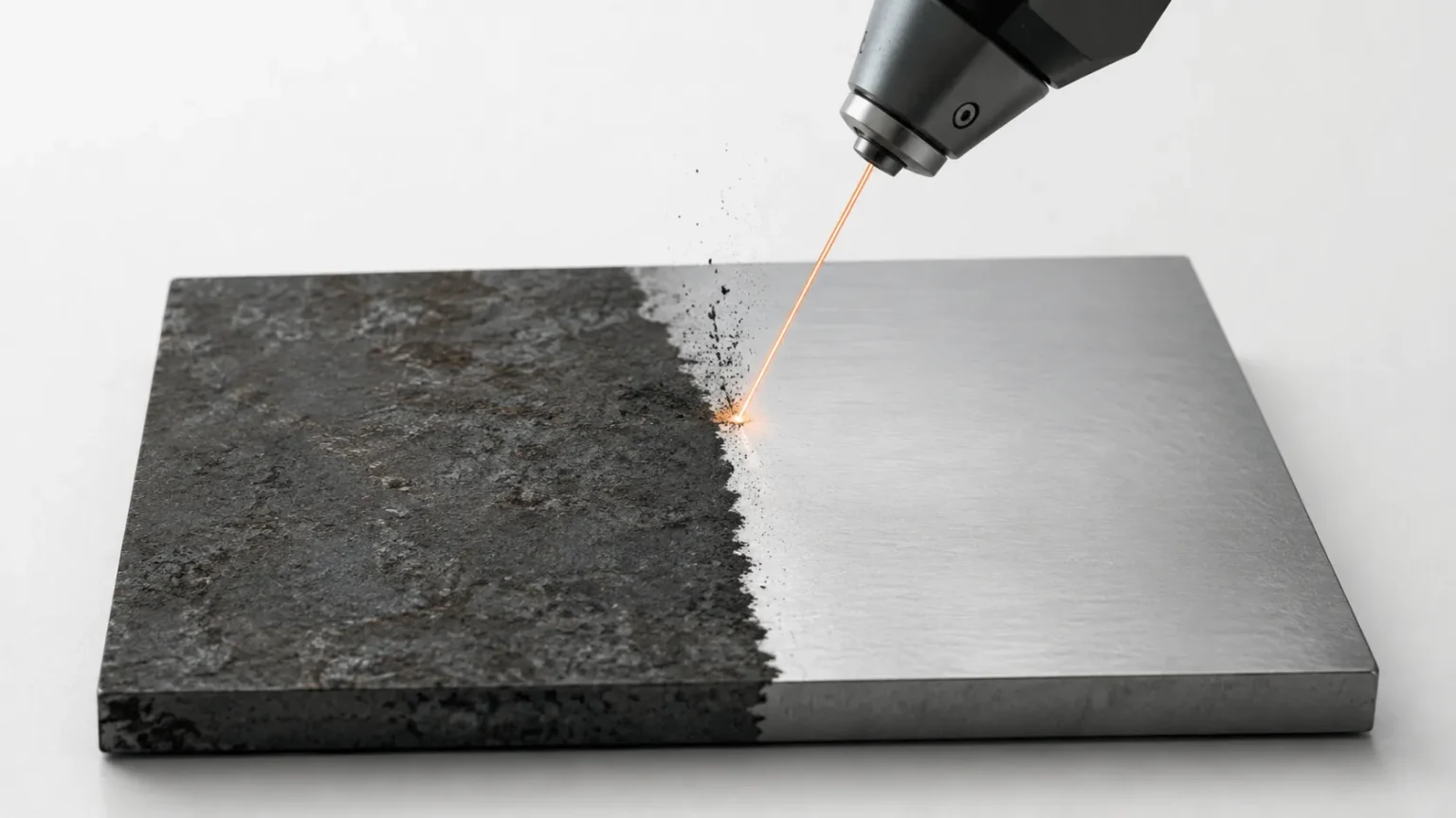 Nettoyage laser d'une plaque métallique&nbsp;: le faisceau retire une couche d'oxydation sans toucher le support