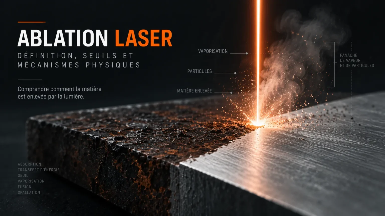 Faisceau laser réalisant une ablation sur une surface métallique avec émission de vapeur et de particules