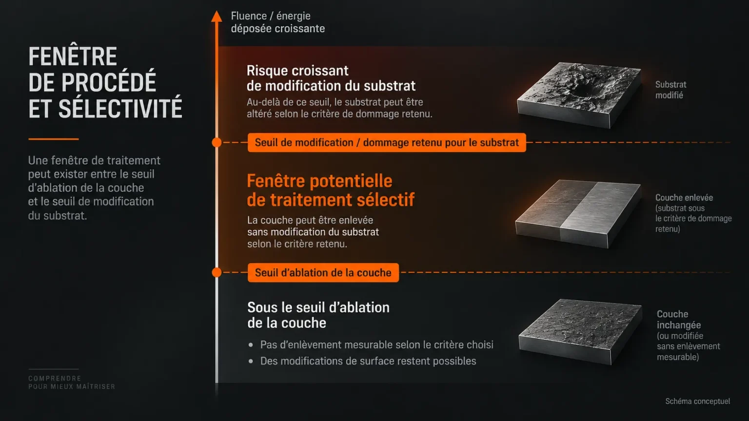 Schéma conceptuel de la fenêtre de procédé entre le seuil d'ablation de la couche et le seuil de modification du substrat