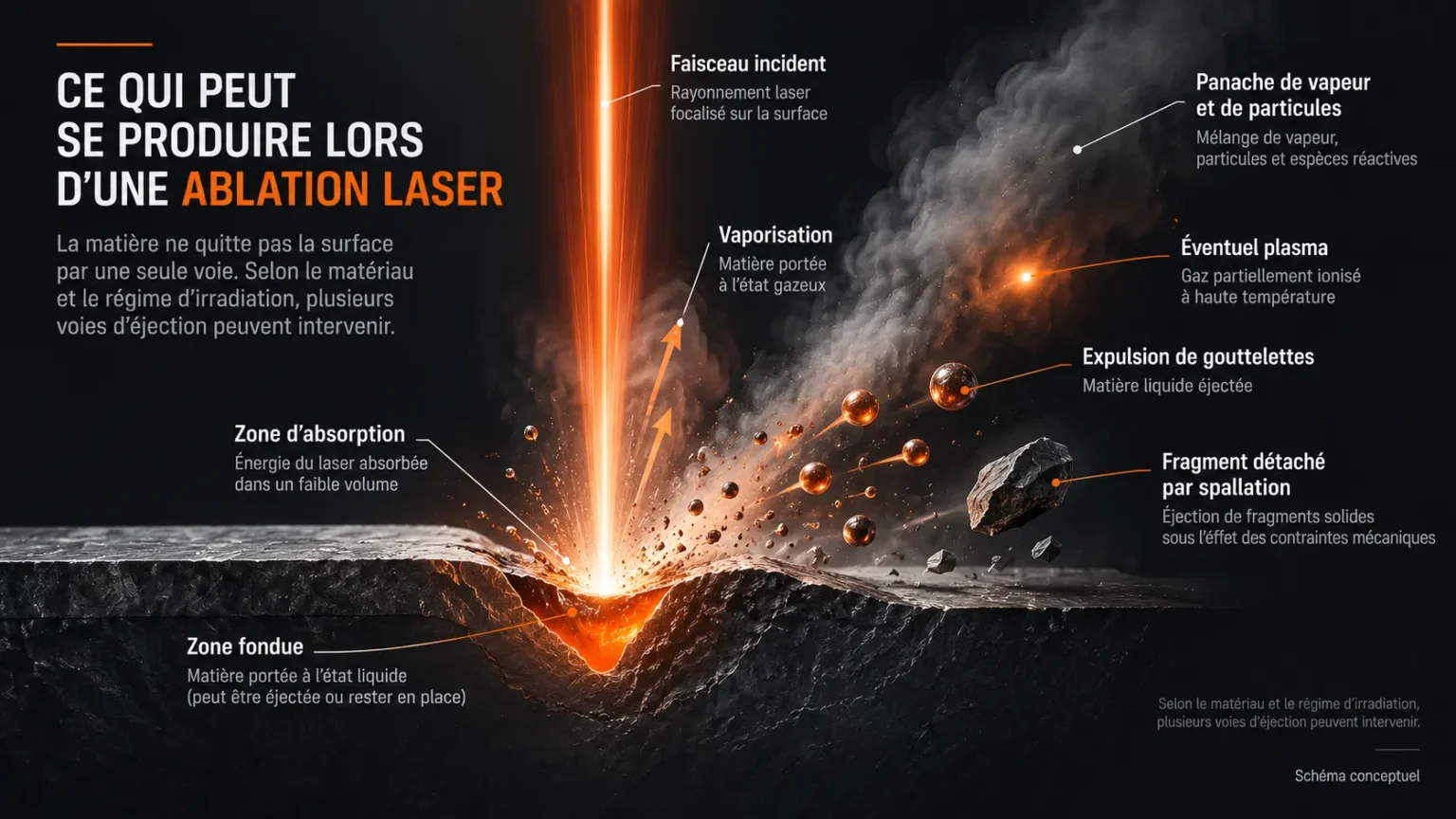 Schéma des mécanismes possibles lors d'une ablation laser : absorption, fusion, vaporisation, spallation, gouttelettes et panache