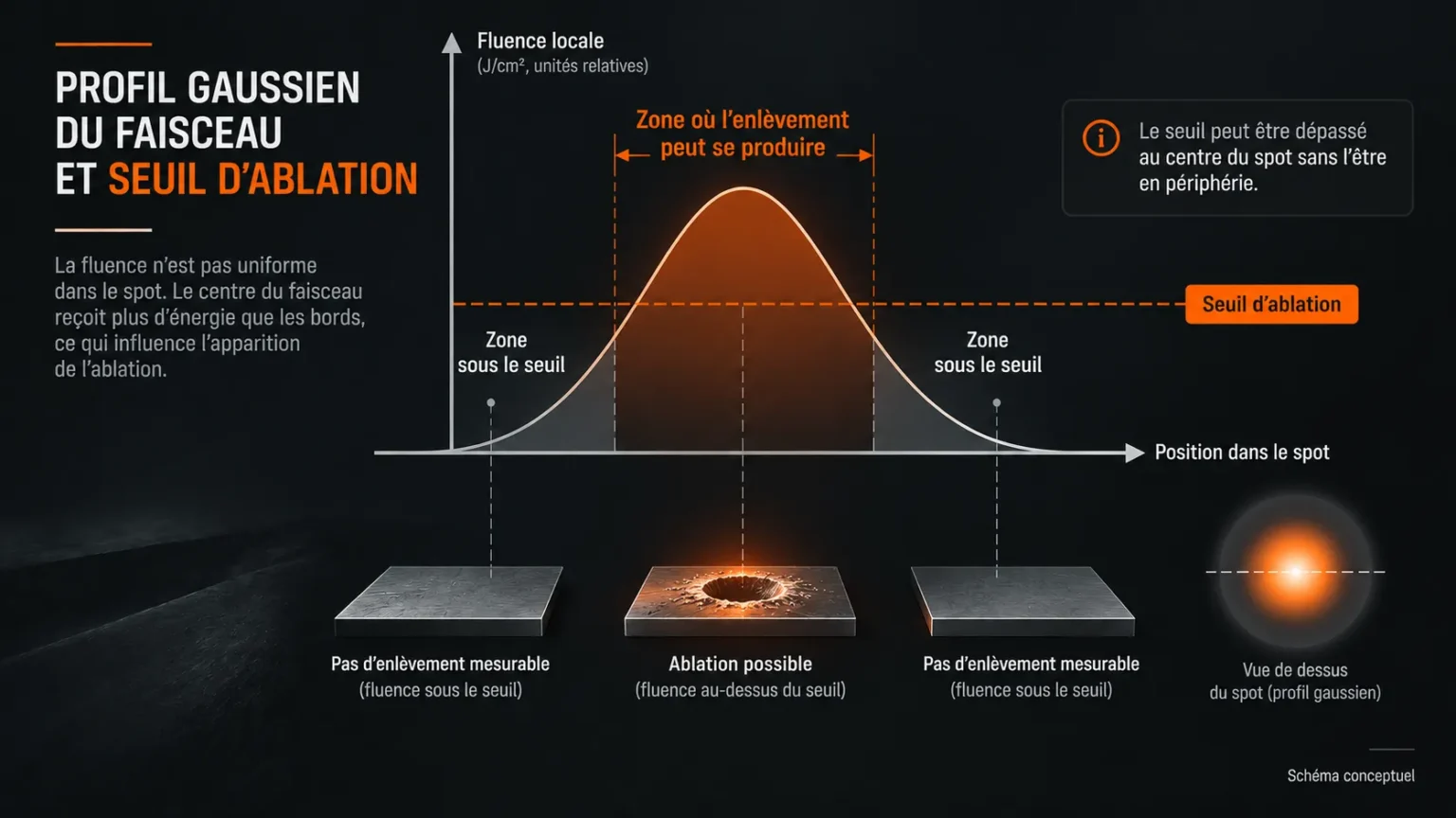 Profil gaussien d'un faisceau laser montrant la zone centrale au-dessus du seuil d'ablation et les périphéries sous le seuil