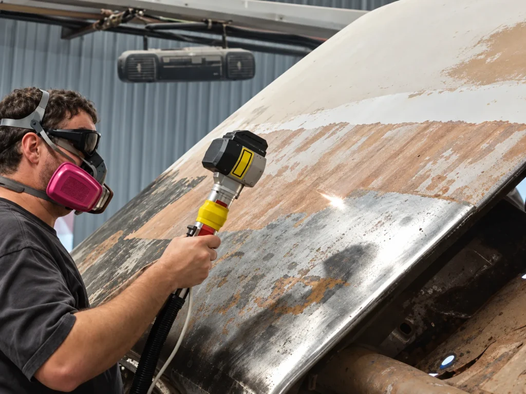 Opérateur masqué décapant au laser la peinture d’un panneau de carrosserie, la bande traitée laissant apparaître la tôle