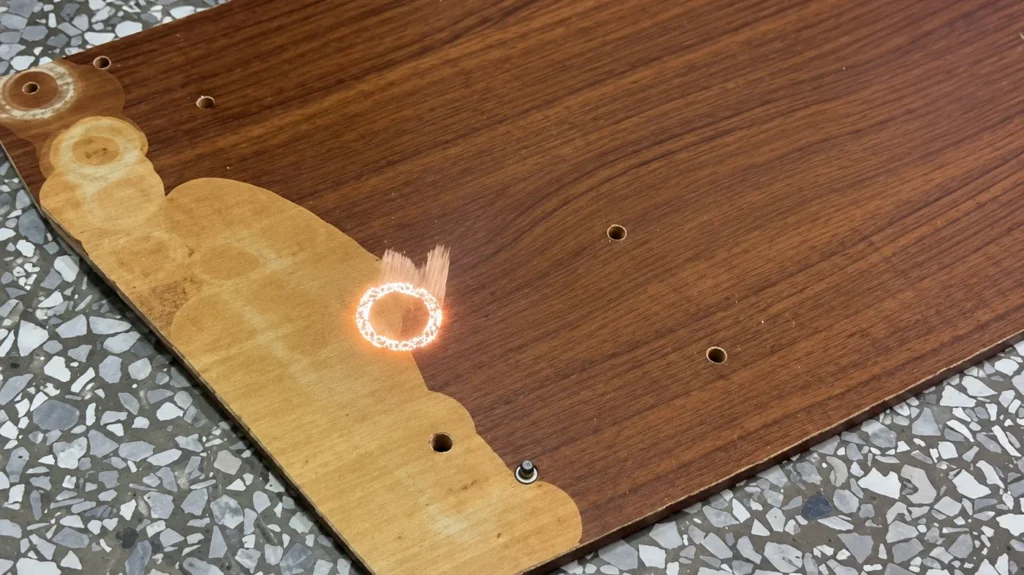 Retrait laser de la finition d’un panneau en bois plaqué : le bois clair apparaît sous le spot