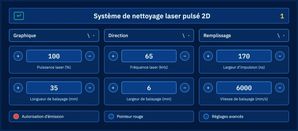 Écran de commande en français : puissance laser, fréquence, largeur d’impulsion, longueur, largeur et vitesse de balayage