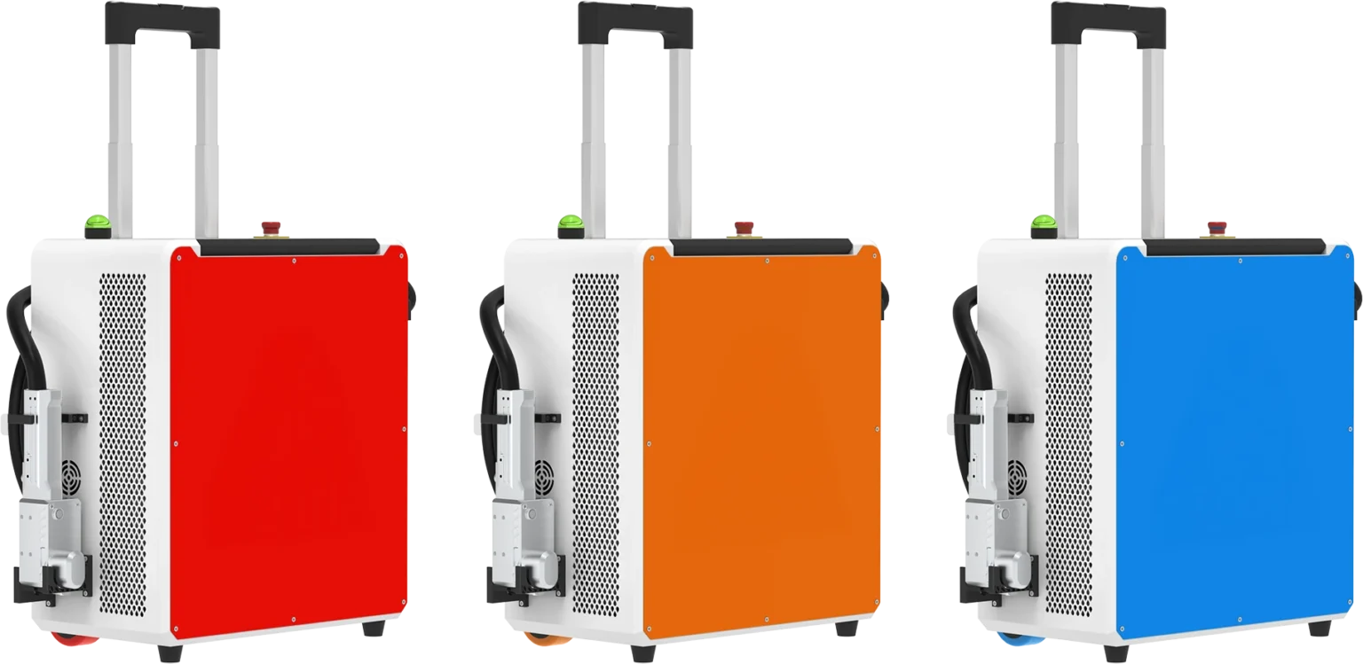 Le décapeur laser 500 W présenté en trois teintes de carénage : rouge, orange et bleu