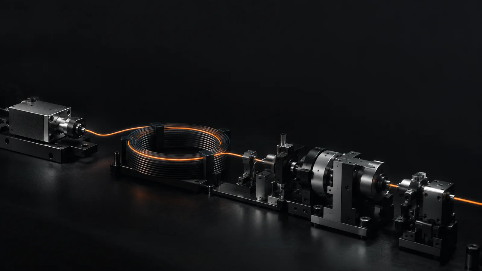 Chemin optique d'une source laser &agrave; fibre, de l'oscillateur vers l'amplification puis la sortie
