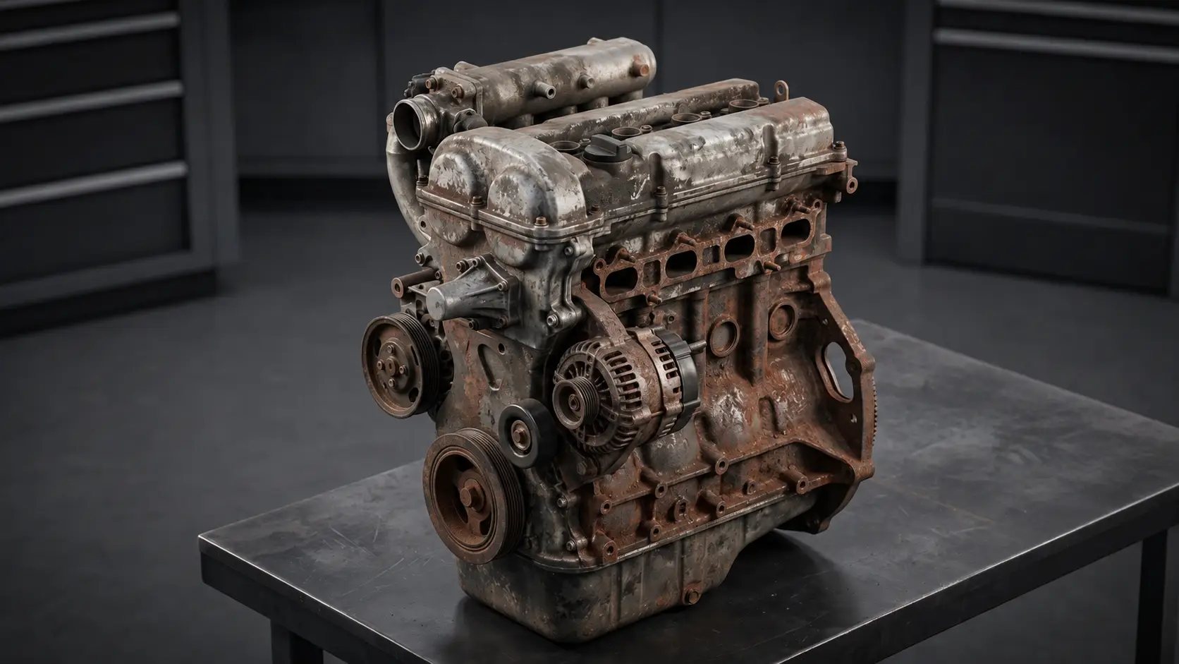 Moteur automobile avant nettoyage laser : rouille et salissures de surface