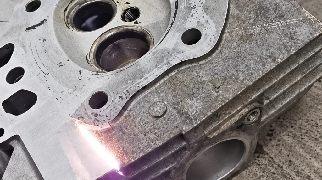 Nettoyage laser d’une culasse de moteur : zones décrassées et zones d’origine visibles