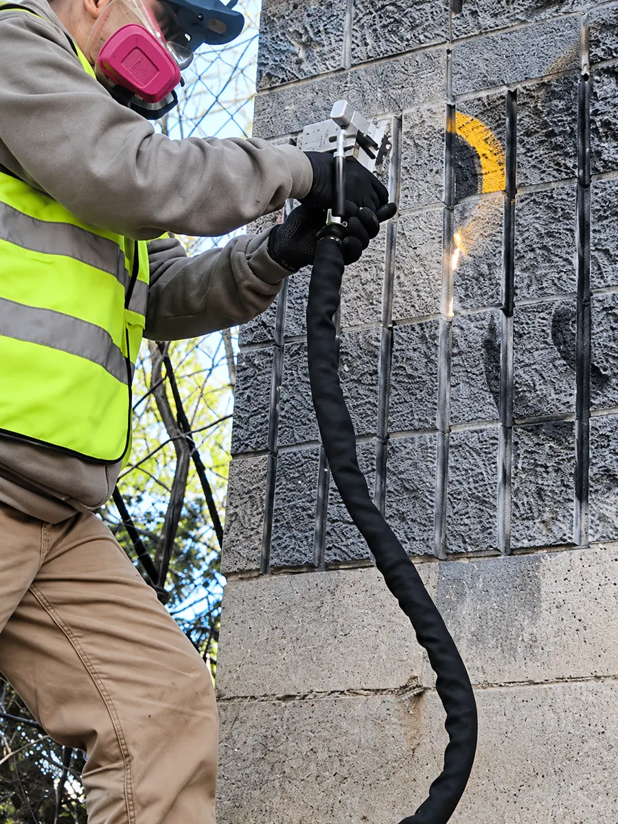Opérateur équipé retirant au laser des graffitis sur un mur extérieur en blocs de béton