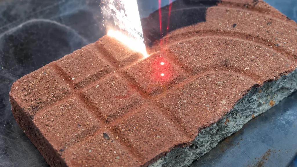 Nettoyage laser d’un pavé en surface minérale, faisceau et pointeur rouge visibles