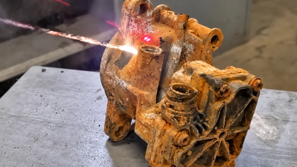 Nettoyage laser de la rouille sur une pièce mécanique posée sur un établi, faisceau et pointeur rouge visibles