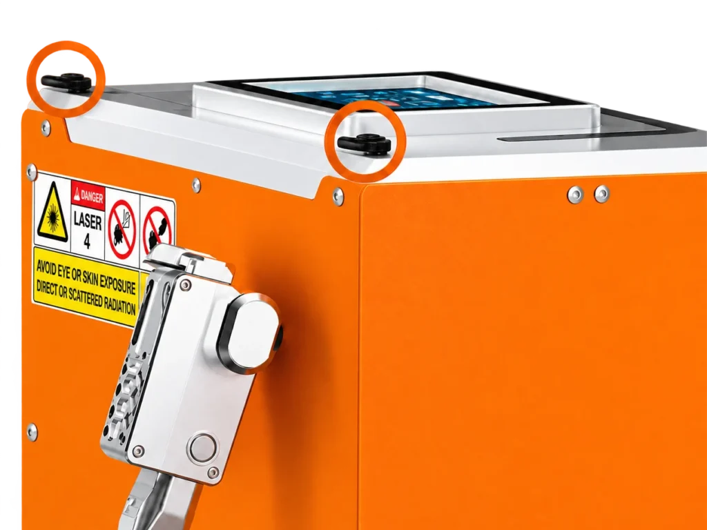 Dessus du nettoyeur laser portatif 300 W : les deux points d’attache pour sangles, entourés, et la tête rangée dans son support