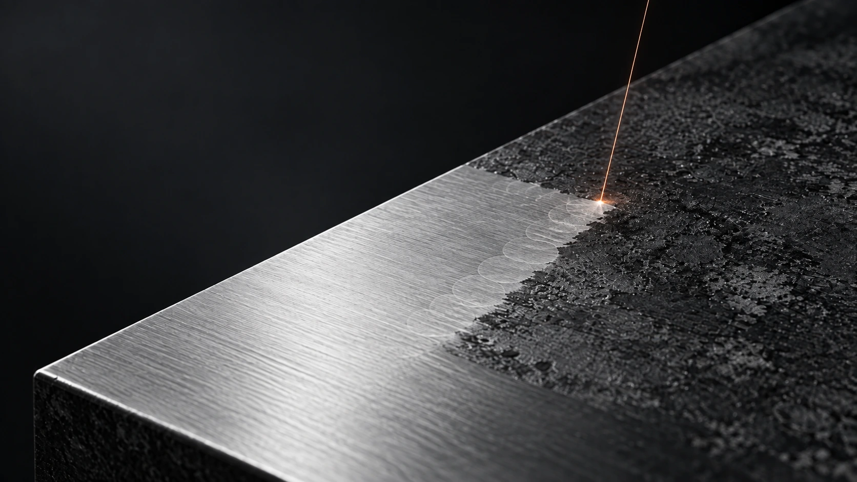 Surface m&eacute;tallique trait&eacute;e au laser, avec trajectoire de balayage et succession d'impacts