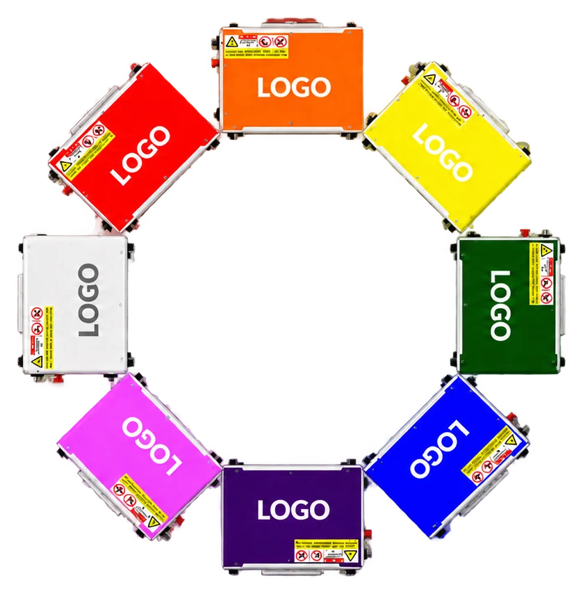 Huit variantes de couleur du boîtier du nettoyeur laser, chacune avec un emplacement pour le logo du client