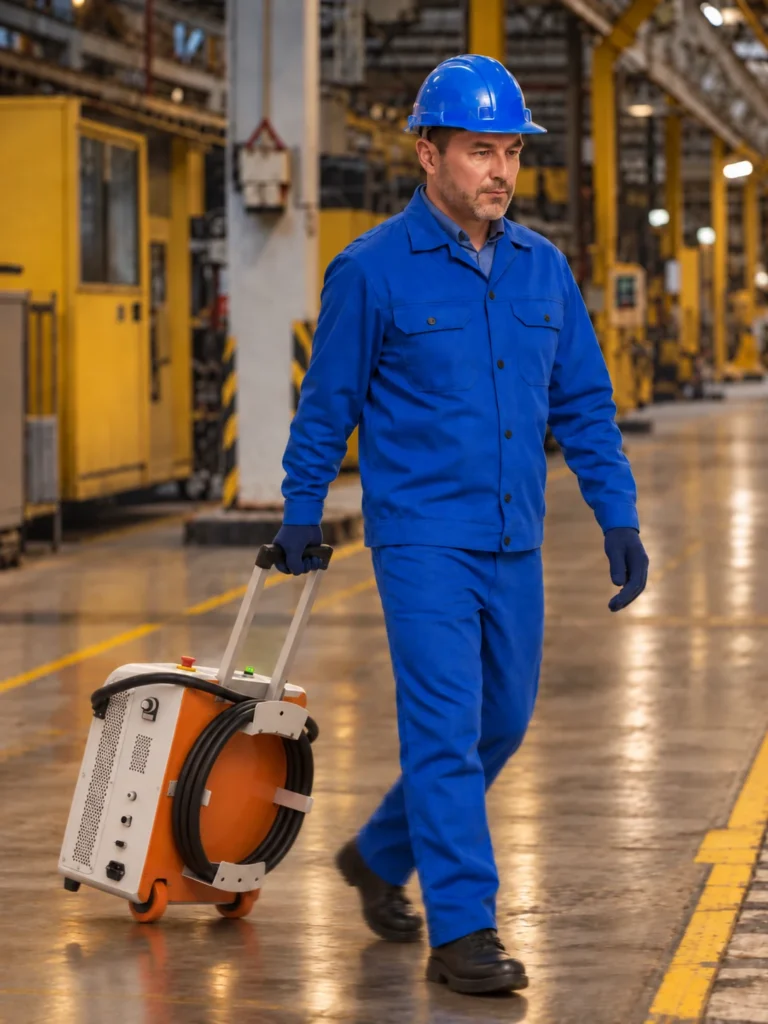 Opérateur en bleu de travail et casque tirant le décapeur laser 500 W, valise inclinée sur ses roulettes et poignée télescopique, dans une allée d’atelier