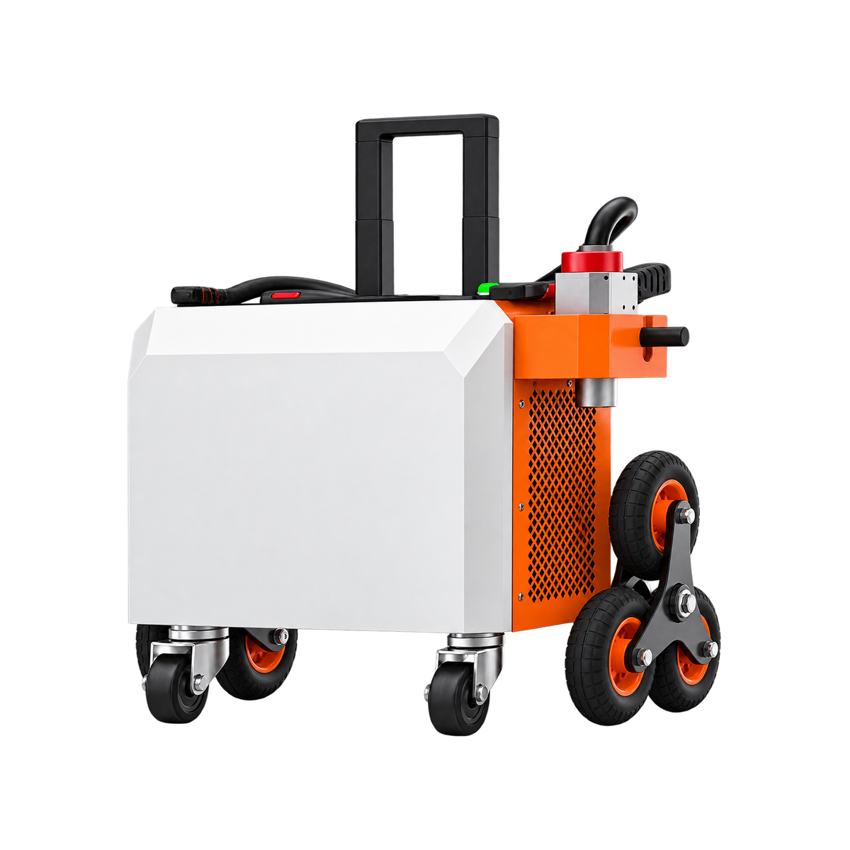 Décapeur laser pulsé 500 W PRO Alpina Laser vu de trois-quarts avant : caisson blanc et orange, poignée télescopique relevée, tête rangée sur la machine et roues de franchissement en étoile