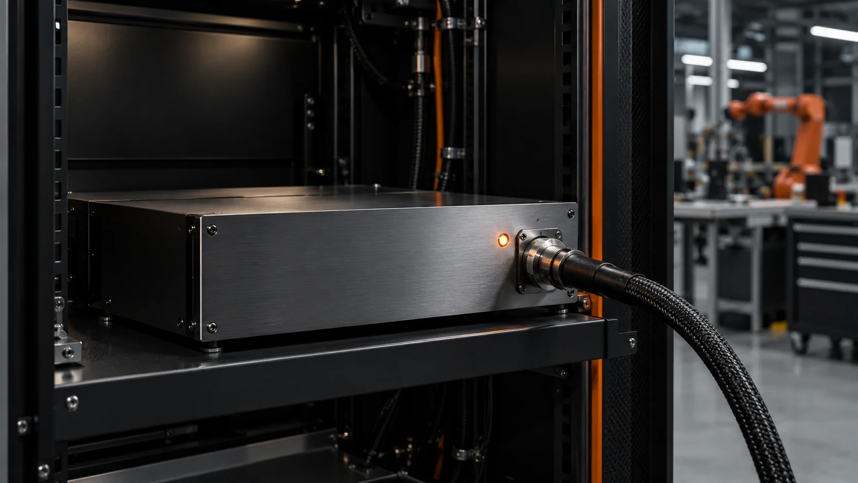 Module de source laser fibre installé dans une baie technique d'atelier, avec son câble de sortie blindé