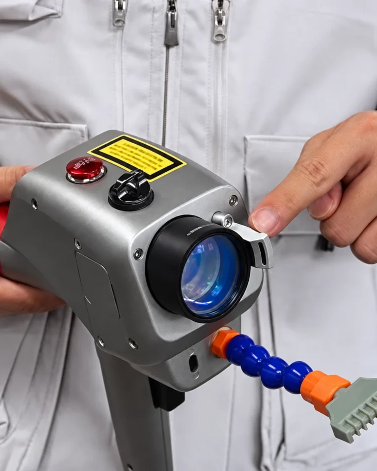 Tête de nettoyage du 500 W PRO tenue à deux mains : arrêt d’urgence rouge, étiquette d’avertissement laser, fenêtre optique et buse d’air articulée